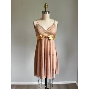Vintage Y2K Sheer Gold Tan Babydoll Dance Dress Small Sheer Mesh Fairy Metallic